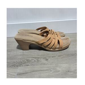 Strictly Comfort Tan Leather Strappy Faux Wooden Heeled Sandals Size 9